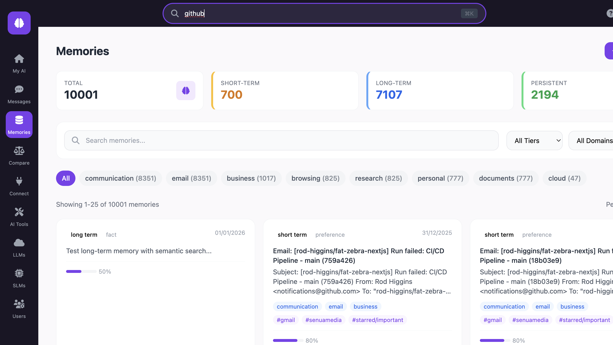 Memory search results