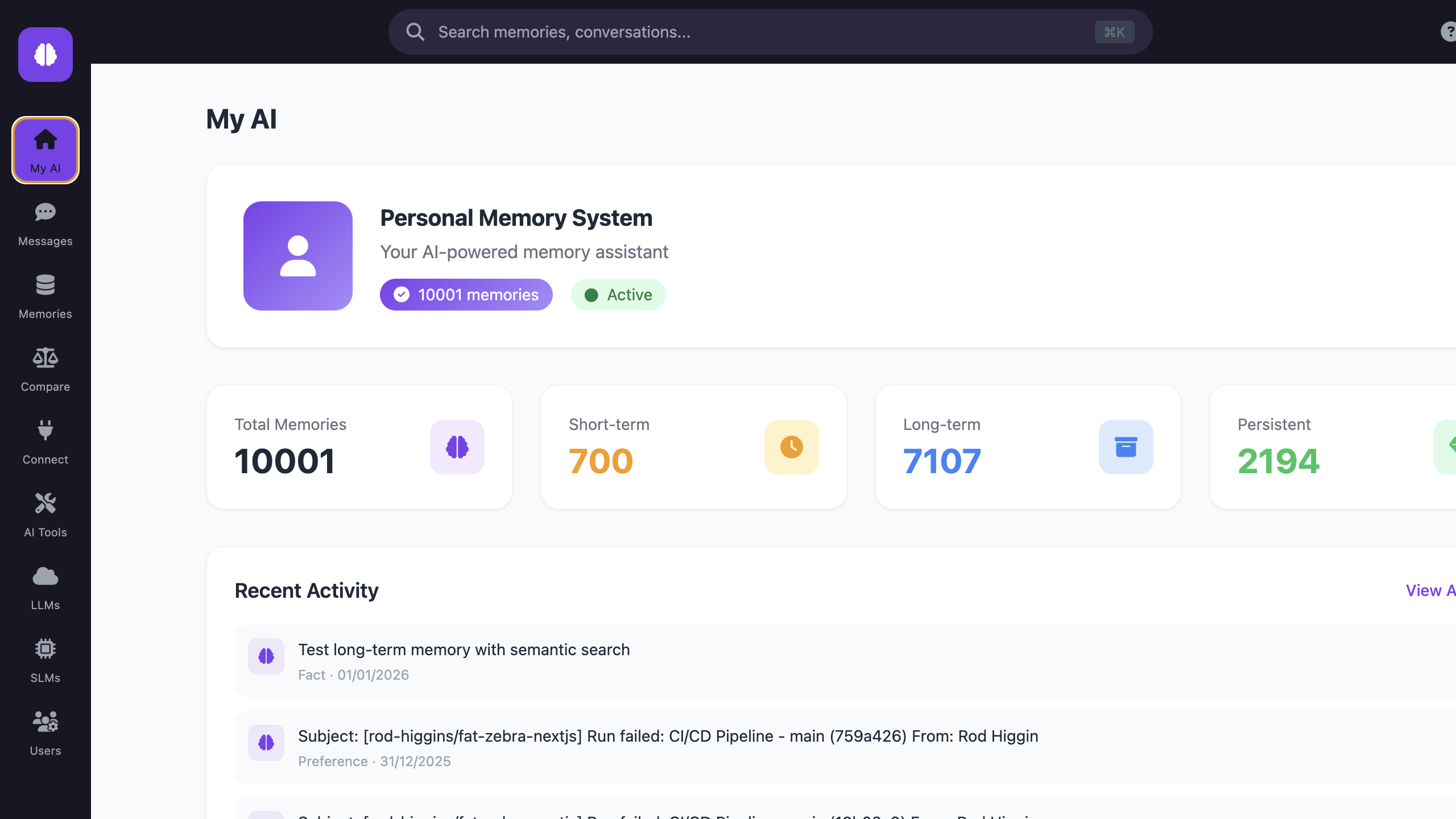 Memory dashboard with statistics